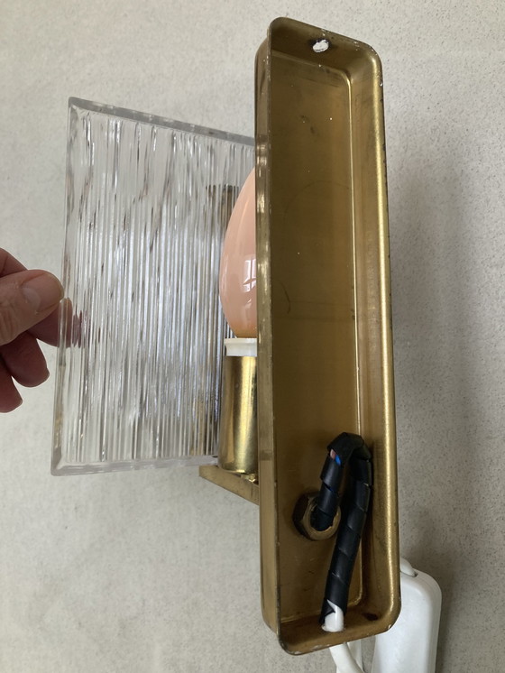 Image 1 of Brass Wall Light/ 1970s/Square Ice Glass