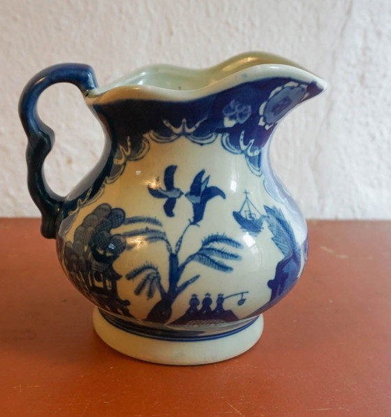 Image 1 of Antique Chinoiserie Ironstone Blue And White Transferware Pitcher,