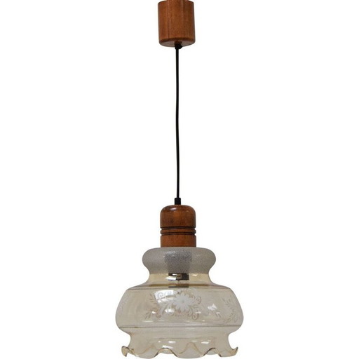 Vintage glass and wood pendant lamp, Czechoslovakia 1970