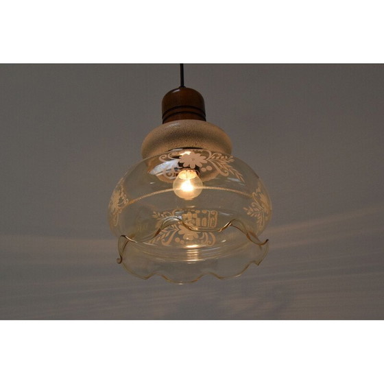 Image 1 of Vintage glass and wood pendant lamp, Czechoslovakia 1970