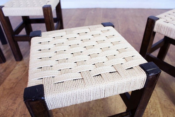 Image 1 of 4× stools in oak and sitting in rope