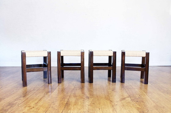 Image 1 of 4× stools in oak and sitting in rope