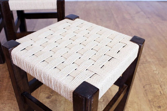 Image 1 of 4× stools in oak and sitting in rope