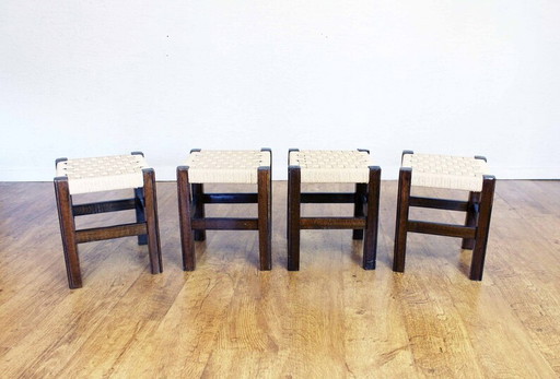 4× tabourets en chêne et assise en corde