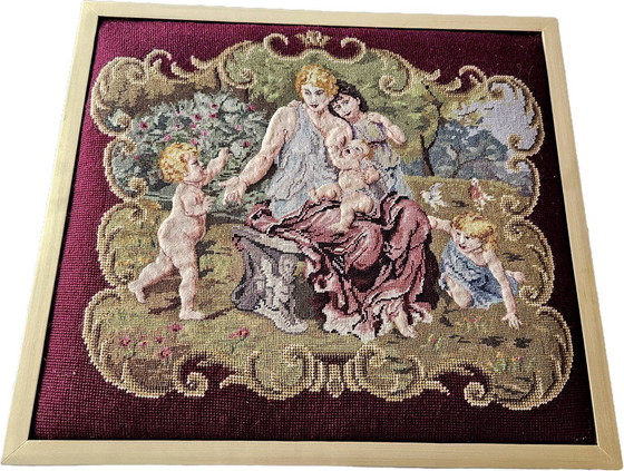 Image 1 of Egyptian Vintage Needlework Tapestry Embroidery Image With Golden Wooden Frame