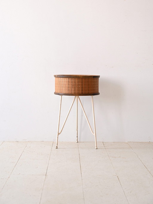 1960S Scandinavian Plant Stand - Round Wooden And Metal Planter