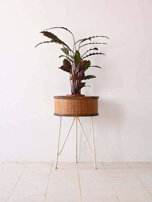 1960S Scandinavian Plant Stand - Round Wooden And Metal Planter