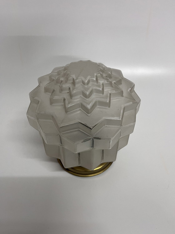 Image 1 of Skyscraper Ceiling Light Vintage Art Deco Stepped Shade Frosted Glass Brass Fixture