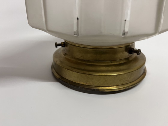 Image 1 of Skyscraper Ceiling Light Vintage Art Deco Stepped Shade Frosted Glass Brass Fixture