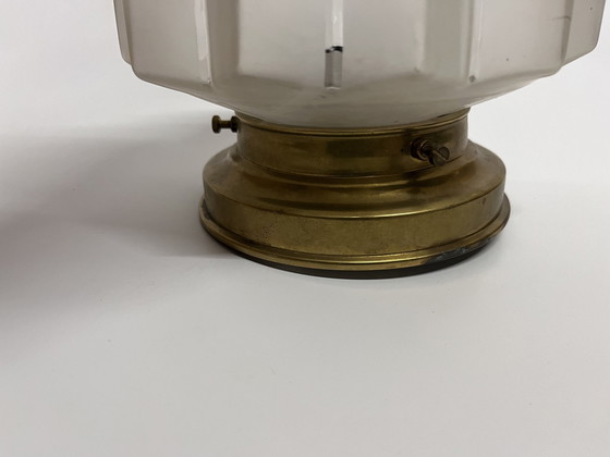 Image 1 of Skyscraper Ceiling Light Vintage Art Deco Stepped Shade Frosted Glass Brass Fixture