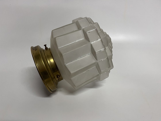 Image 1 of Skyscraper Ceiling Light Vintage Art Deco Stepped Shade Frosted Glass Brass Fixture