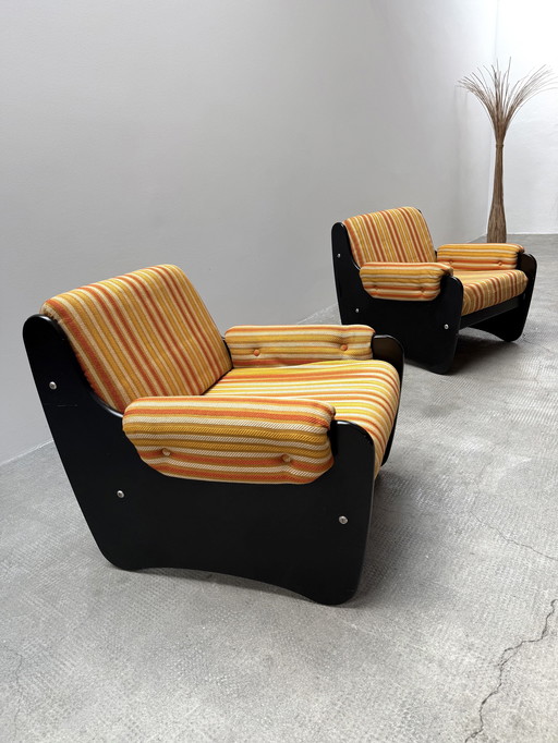 Set of 2 1960s retro lounge chairs in Dieter Rams style wood Stiff Yellow Orange