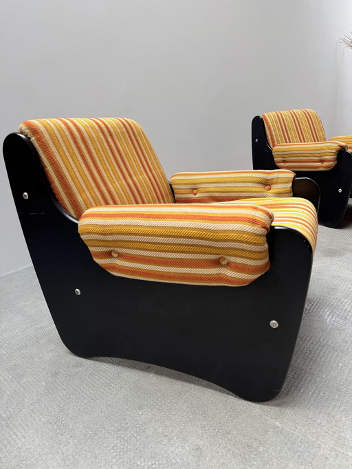 Set of 2 1960s retro lounge chairs in Dieter Rams style wood Stiff Yellow Orange