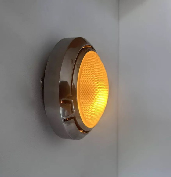 Image 1 of 2X D'Applique Vintage, Chrome Et Verre Sablé Alvéolé, Italy 1980