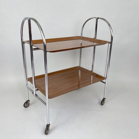 Image 1 of Vintage chrome and plywood folding serving cart, Germany 1950