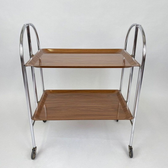 Image 1 of Vintage chrome and plywood folding serving cart, Germany 1950