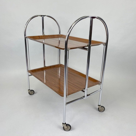 Image 1 of Vintage chrome and plywood folding serving cart, Germany 1950