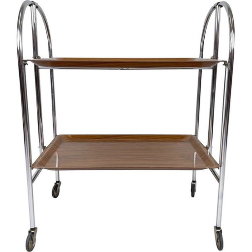 Vintage chrome and plywood folding serving cart, Germany 1950
