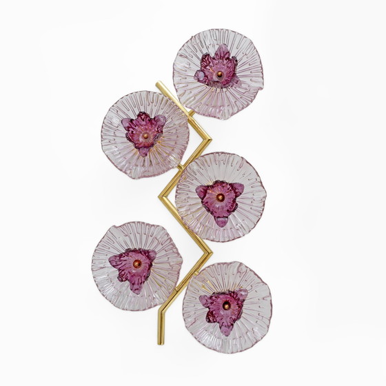 Image 1 of Coppia di moderne lampade da parete in vetro di Murano e ottone con fiori