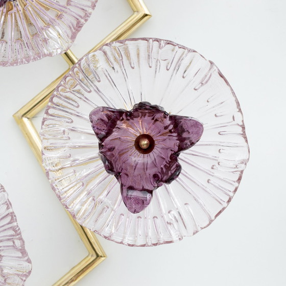 Image 1 of Coppia di moderne lampade da parete in vetro di Murano e ottone con fiori