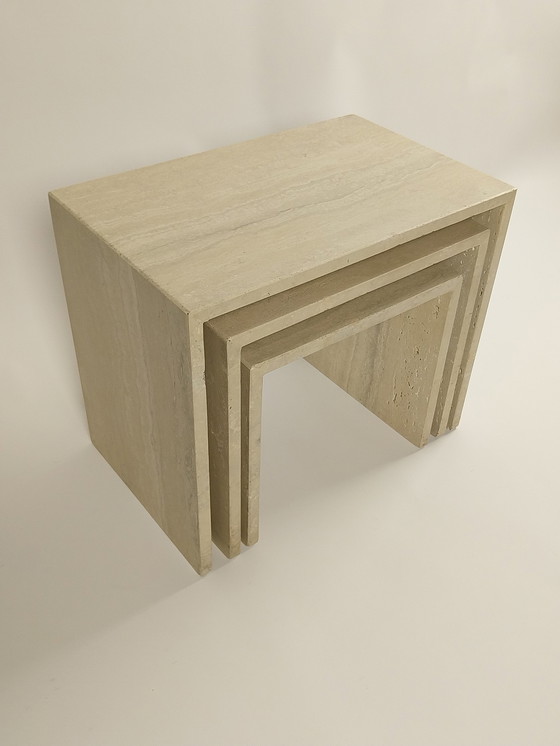 Image 1 of Set Of 3 Italian Travertine Nesting Tables, 1970s