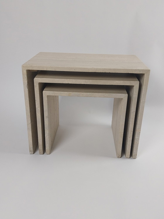 Image 1 of Set Of 3 Italian Travertine Nesting Tables, 1970s