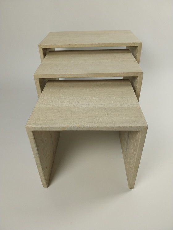 Image 1 of Set Of 3 Italian Travertine Nesting Tables, 1970s