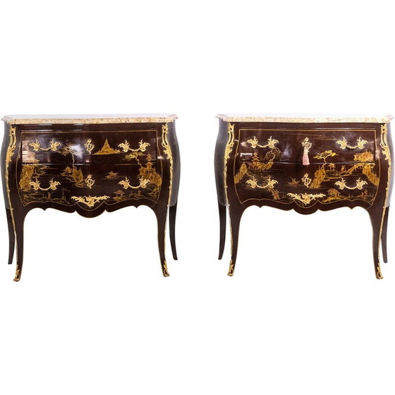 Image 1 of Pair of vintage "sautéuse" chests of drawers in lacquer and bronze, 1950