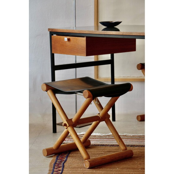 Image 1 of Pair of vintage stools in light wood and skai seats, France 1980