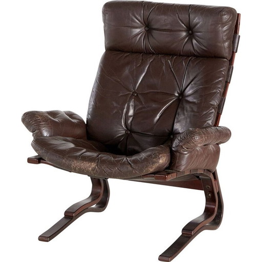 Vintage leather lounge chair with high backrest, 1970s