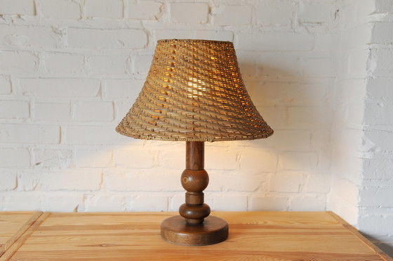 Image 1 of Temde Leuchten wooden lamp base with wicker shade