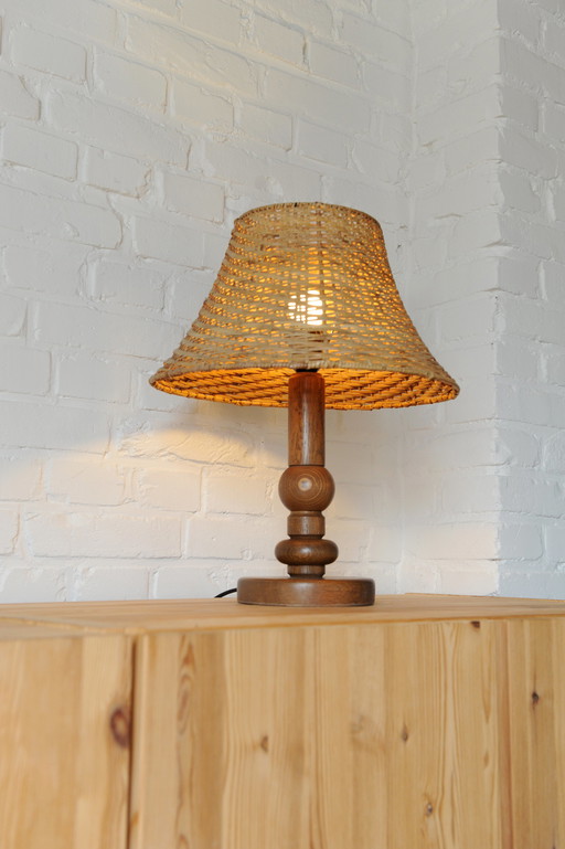 Lampe Temde Leuchten en bois avec abat-jour en osier