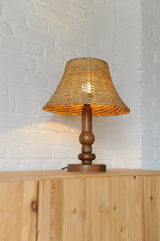 Image 1 of Lampe Temde Leuchten en bois avec abat-jour en osier