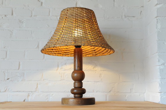 Image 1 of Temde Leuchten wooden lamp base with wicker shade