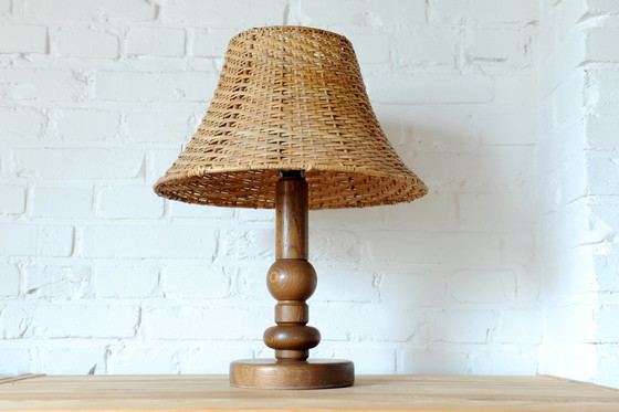 Image 1 of Temde Leuchten wooden lamp base with wicker shade