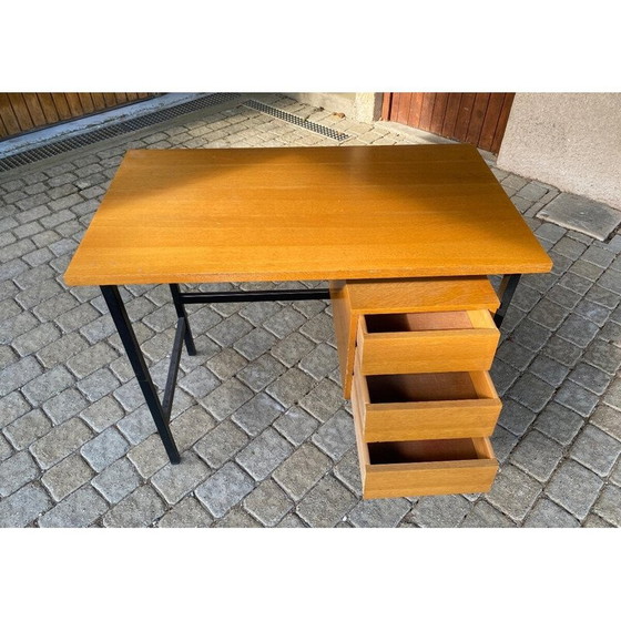 Image 1 of Vintage desk in oakwood veneer and black lacquered steel structure