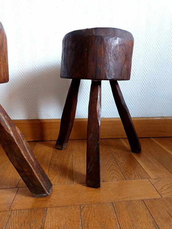 Image 1 of 2X Brutalist Wooden Stools, Circa 1960