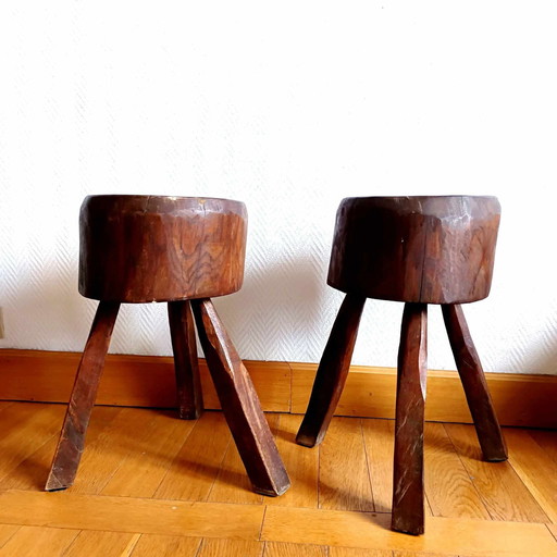 2X Brutalist Wooden Stools, Circa 1960