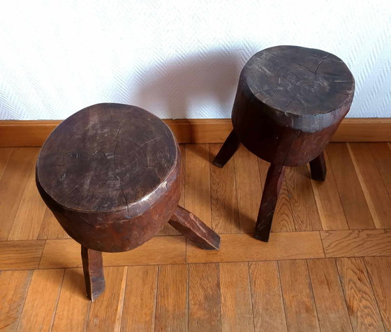 Image 1 of 2X Brutalist Wooden Stools, Circa 1960