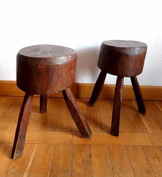 Image 1 of 2X Brutalist Wooden Stools, Circa 1960