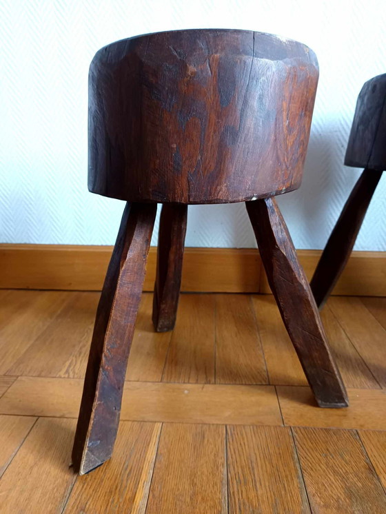 Image 1 of 2X Brutalist Wooden Stools, Circa 1960