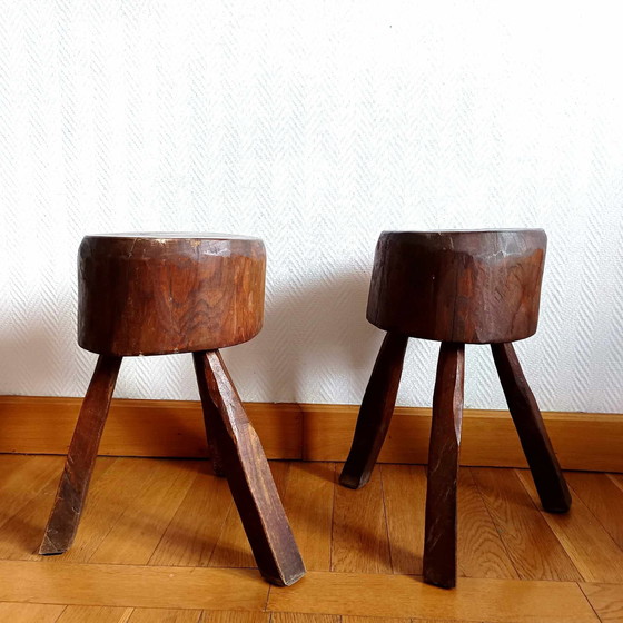 Image 1 of 2X Brutalist Wooden Stools, Circa 1960