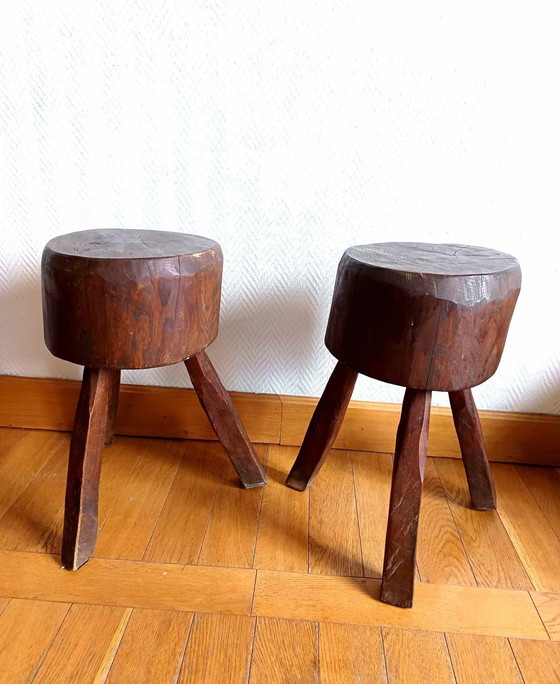 Image 1 of 2X Brutalist Wooden Stools, Circa 1960