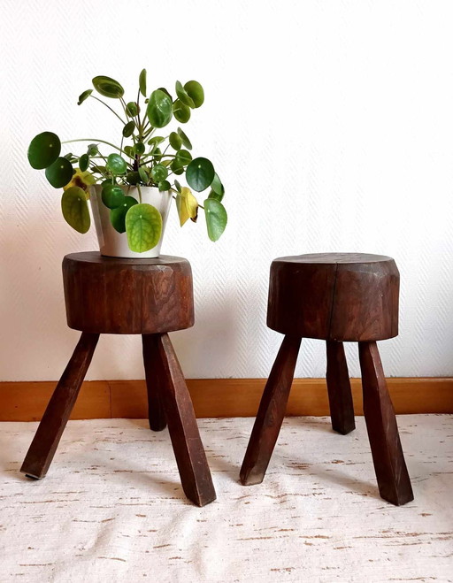 2X Brutalist Wooden Stools, Circa 1960