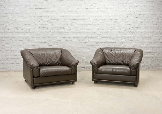 Image 1 of Confortables fauteuils de salon en cuir brun Leolux Seal, ensemble de deux. Pays-Bas, 1970.