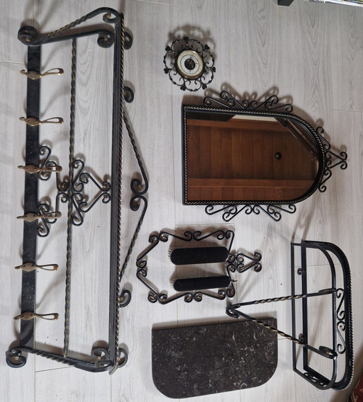 Black Brutalist Wrought Iron Hall Set, 5 Piece: Coat Rack, Mirror, Console With Marble Top, Barometer