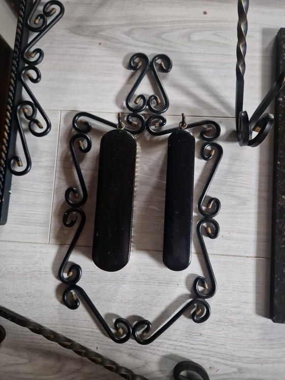 Image 1 of Black Brutalist Wrought Iron Hall Set, 5 Piece: Coat Rack, Mirror, Console With Marble Top, Barometer