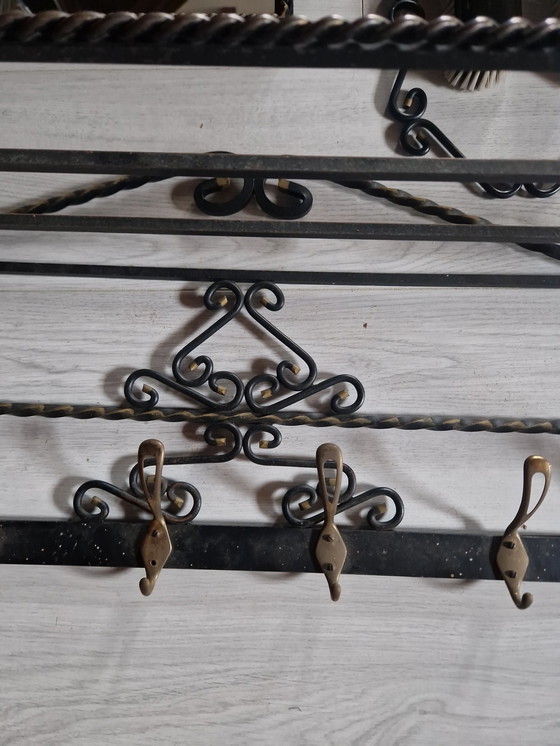 Image 1 of Black Brutalist Wrought Iron Hall Set, 5 Piece: Coat Rack, Mirror, Console With Marble Top, Barometer