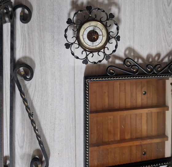 Image 1 of Black Brutalist Wrought Iron Hall Set, 5 Piece: Coat Rack, Mirror, Console With Marble Top, Barometer