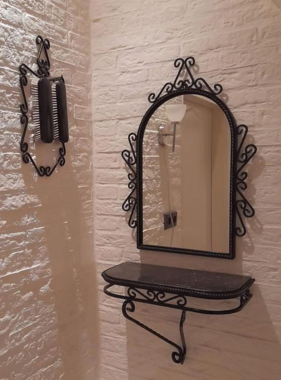 Image 1 of Black Brutalist Wrought Iron Hall Set, 5 Piece: Coat Rack, Mirror, Console With Marble Top, Barometer